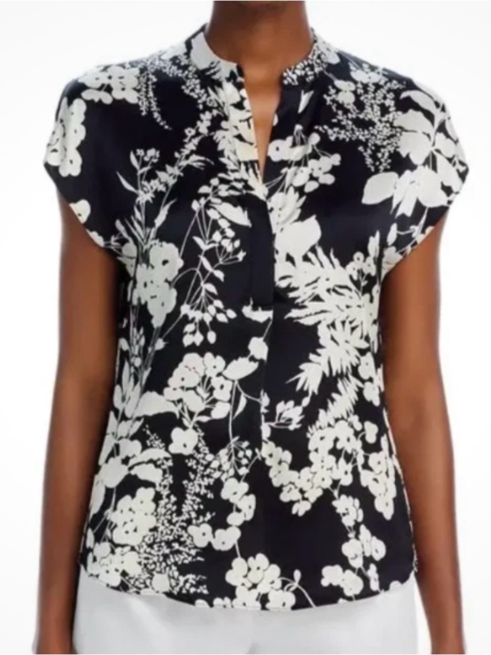 Vince Black and White Floral Cap-Sleeve Blouse